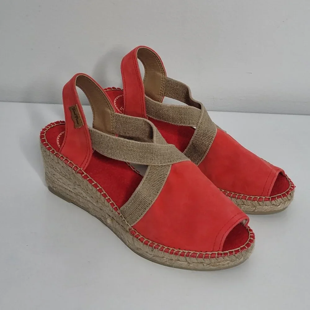 Toni Pons Origens‎ Sandals US 5 Red Suede Tan Trim Wedge Espadrilles EU 35